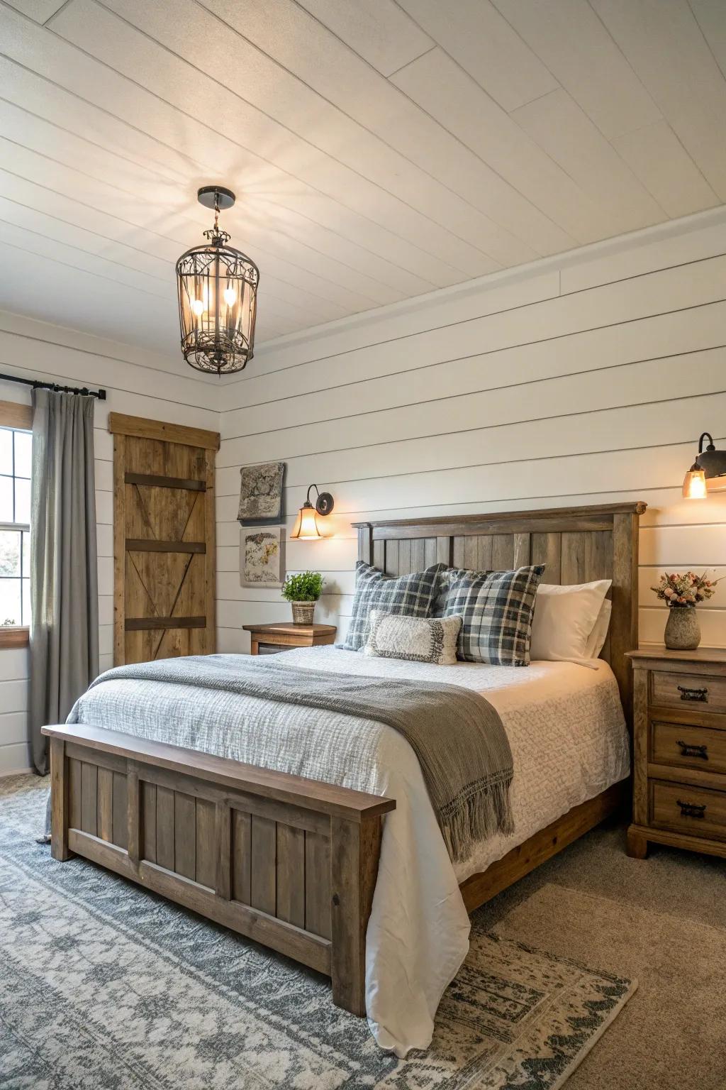 Farmhouse bedroom with a textured shiplap accent wall
