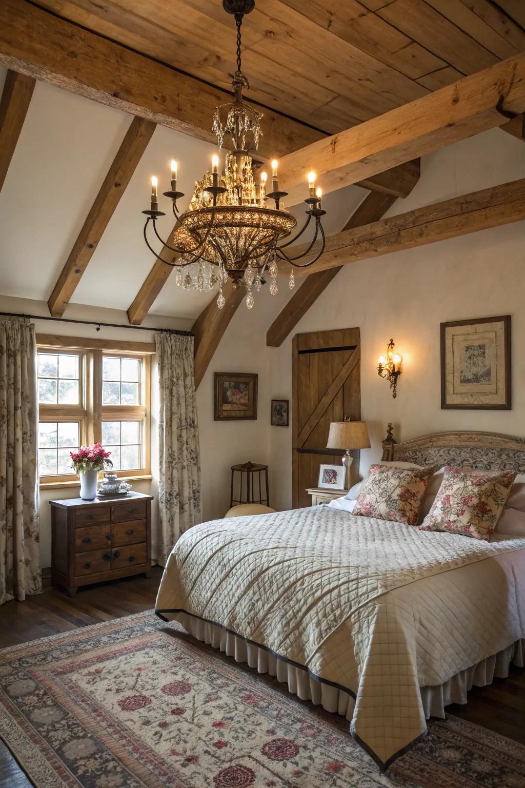 Farmhouse bedroom glowing under rustic lighting