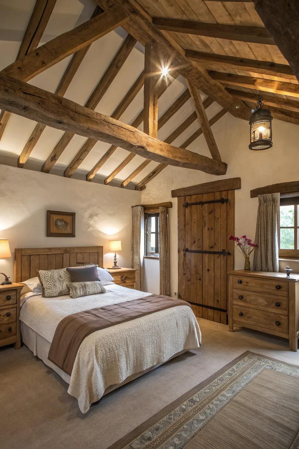 Cozy farmhouse bedroom featuring exposed wooden ceiling beams