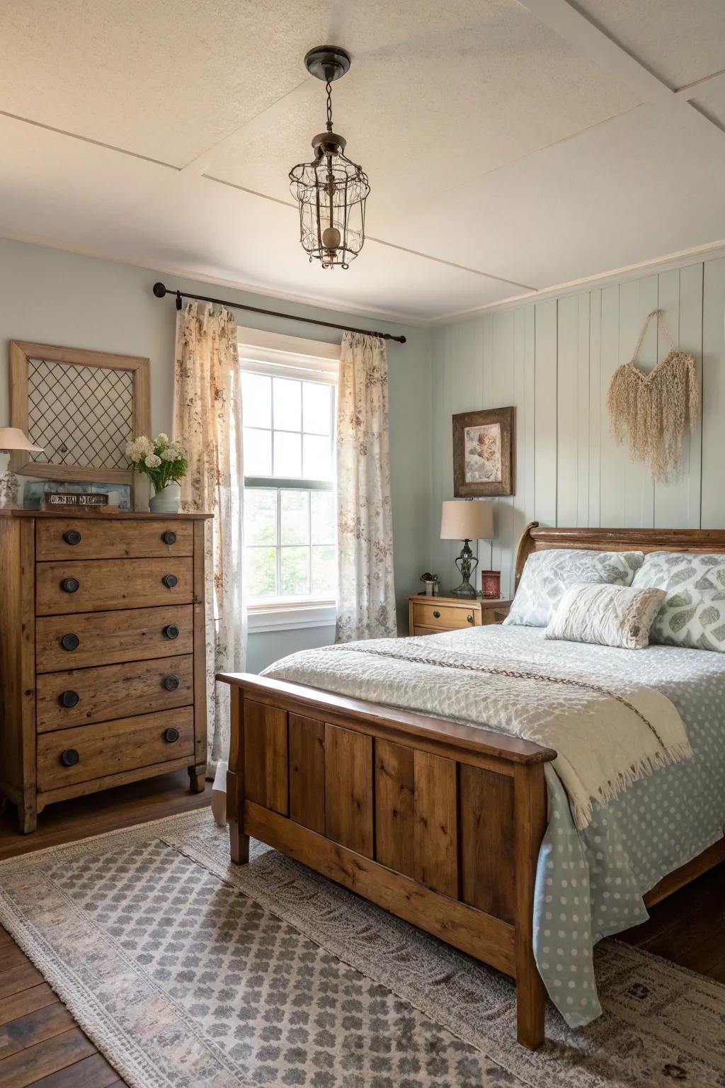 Farmhouse bedroom using repurposed furniture to enrich character