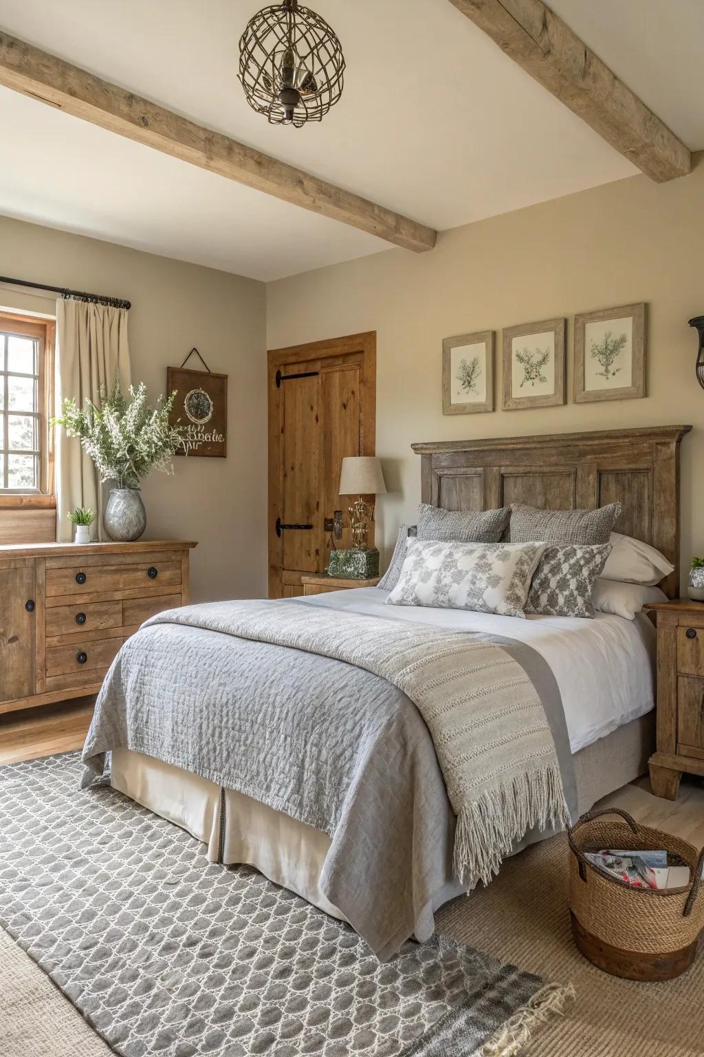 Calm farmhouse bedroom with neutral tones