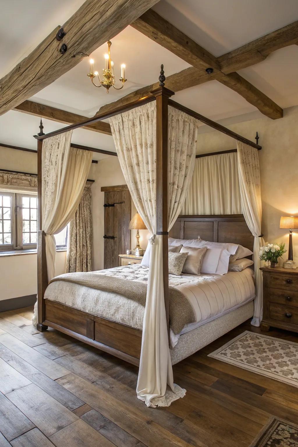 Sophisticated farmhouse bedroom featuring an elegant canopy bed