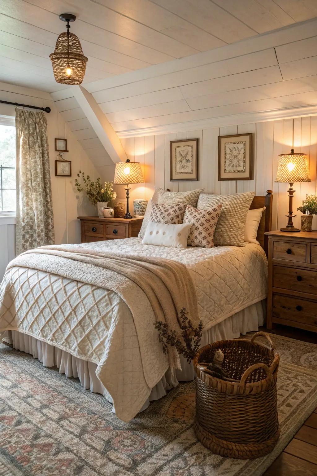 Inviting cozy atmosphere in farmhouse bedroom