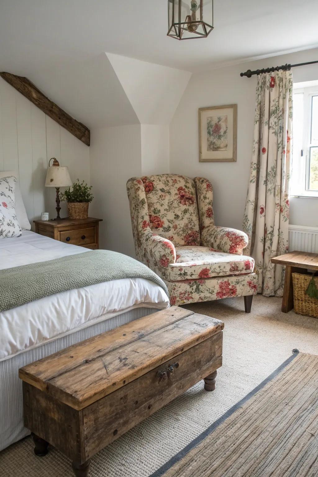 Farmhouse bedroom featuring eclectic seating options