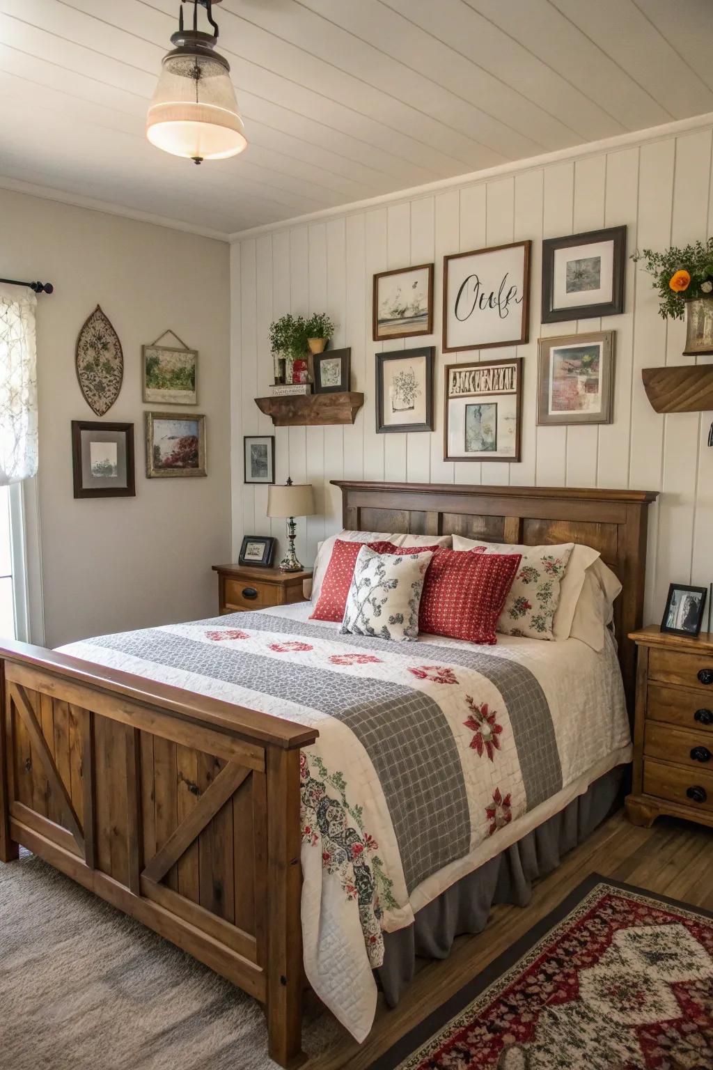 Farmhouse bedroom adorned with personal wall art