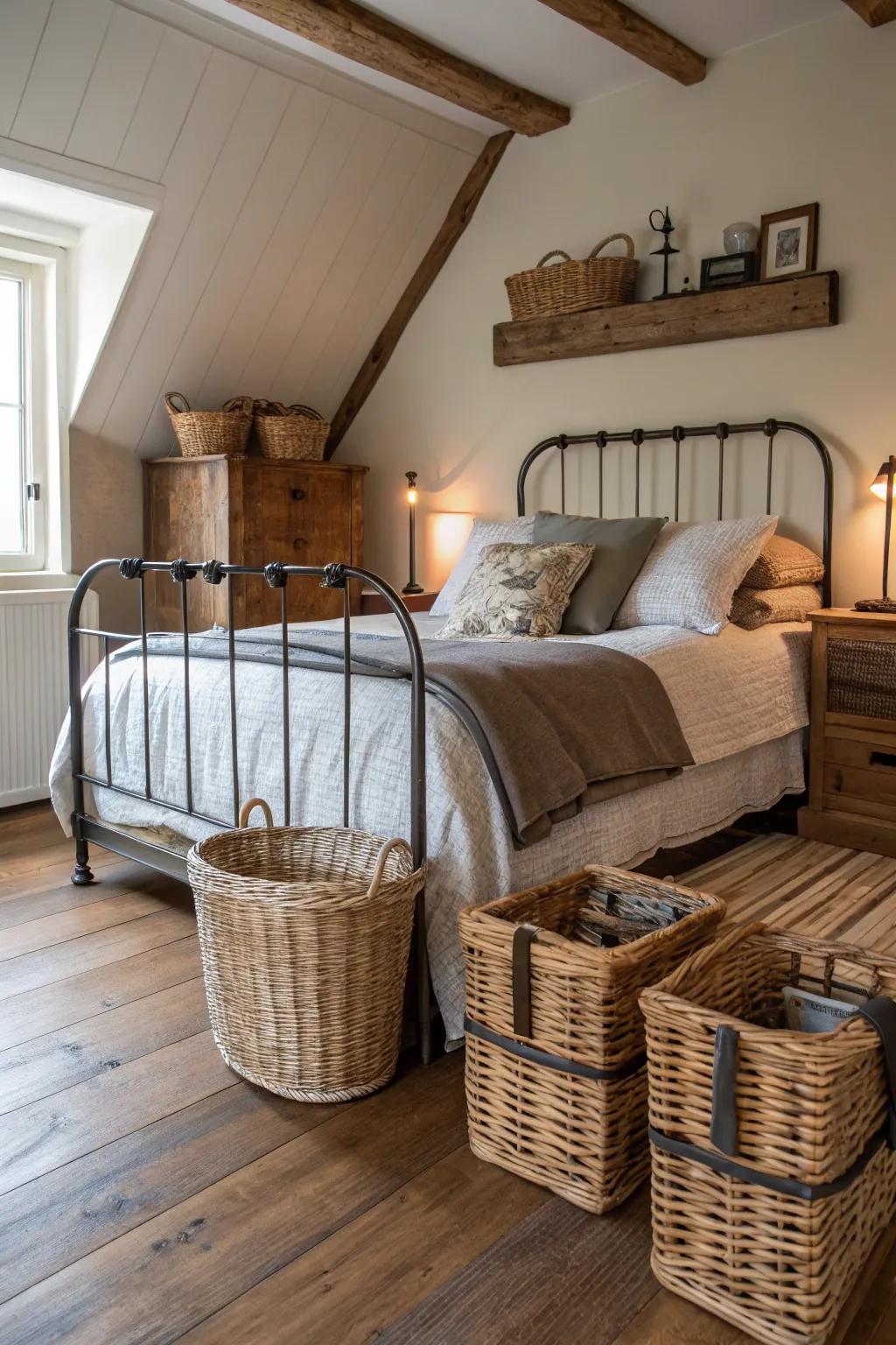Rustic farmhouse bedroom showcasing traditional accessories