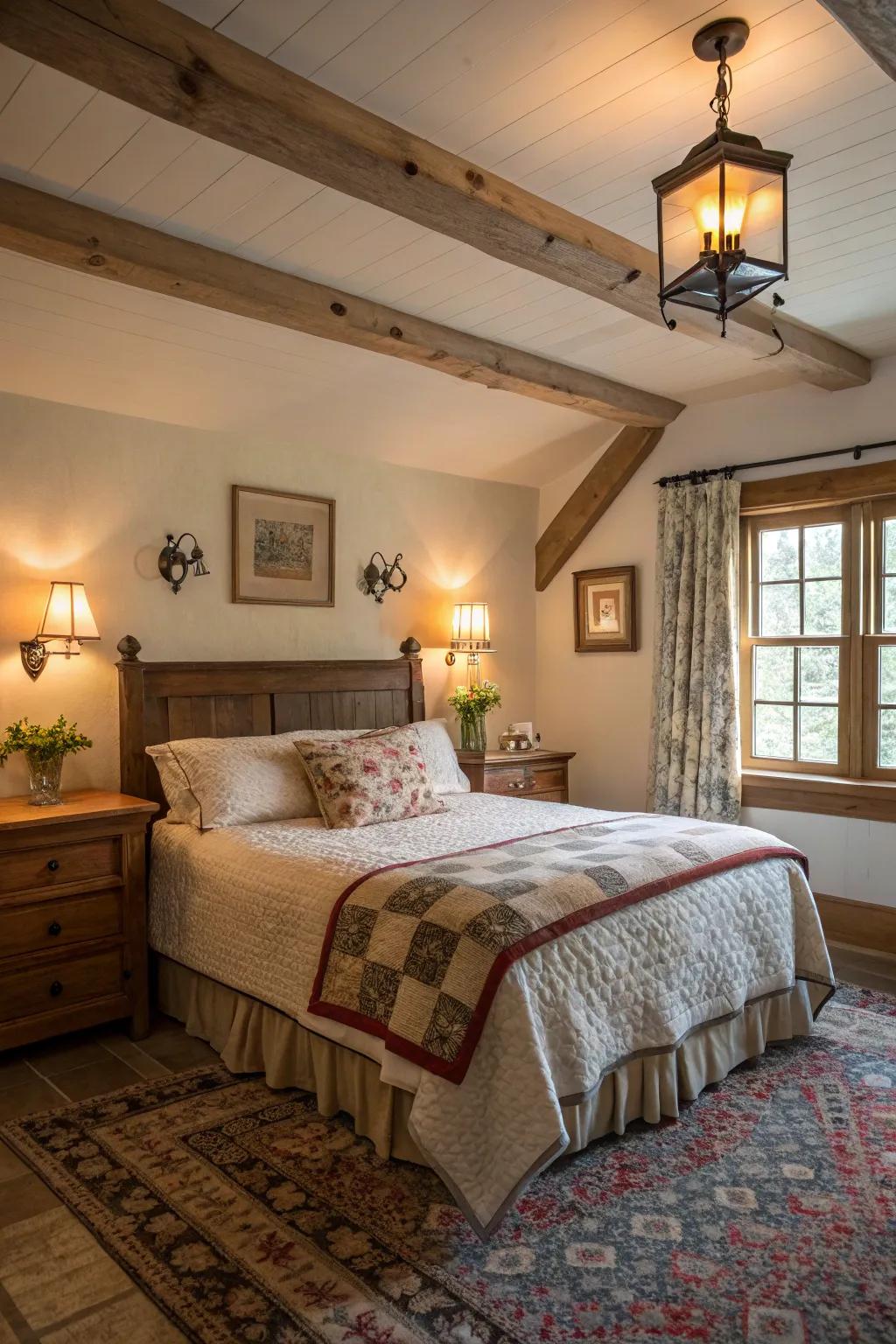 Soft lighting setting a calm tone in modern farmhouse bedroom