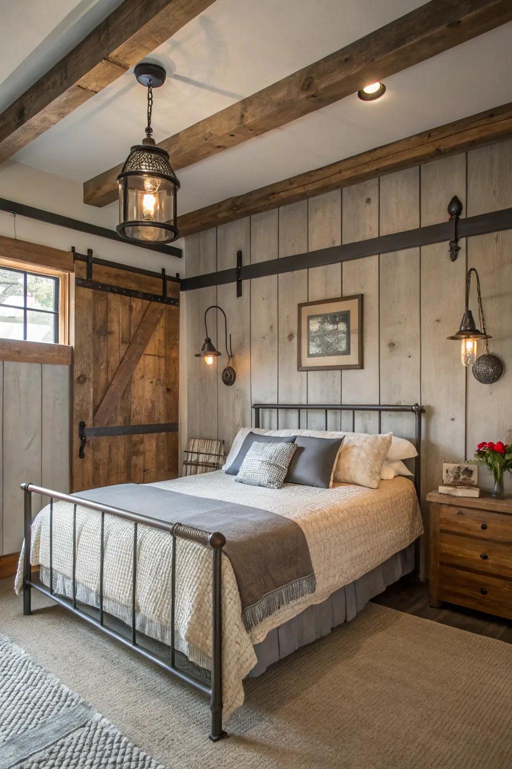 Farmhouse bedroom enhanced with industrial accents