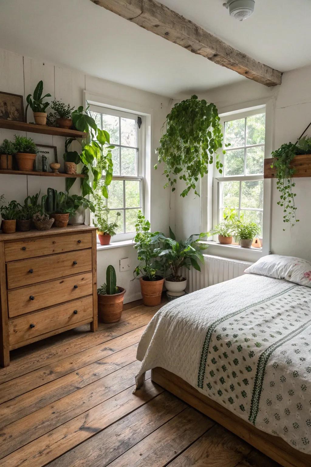 Farmhouse bedroom enhanced by lush houseplants