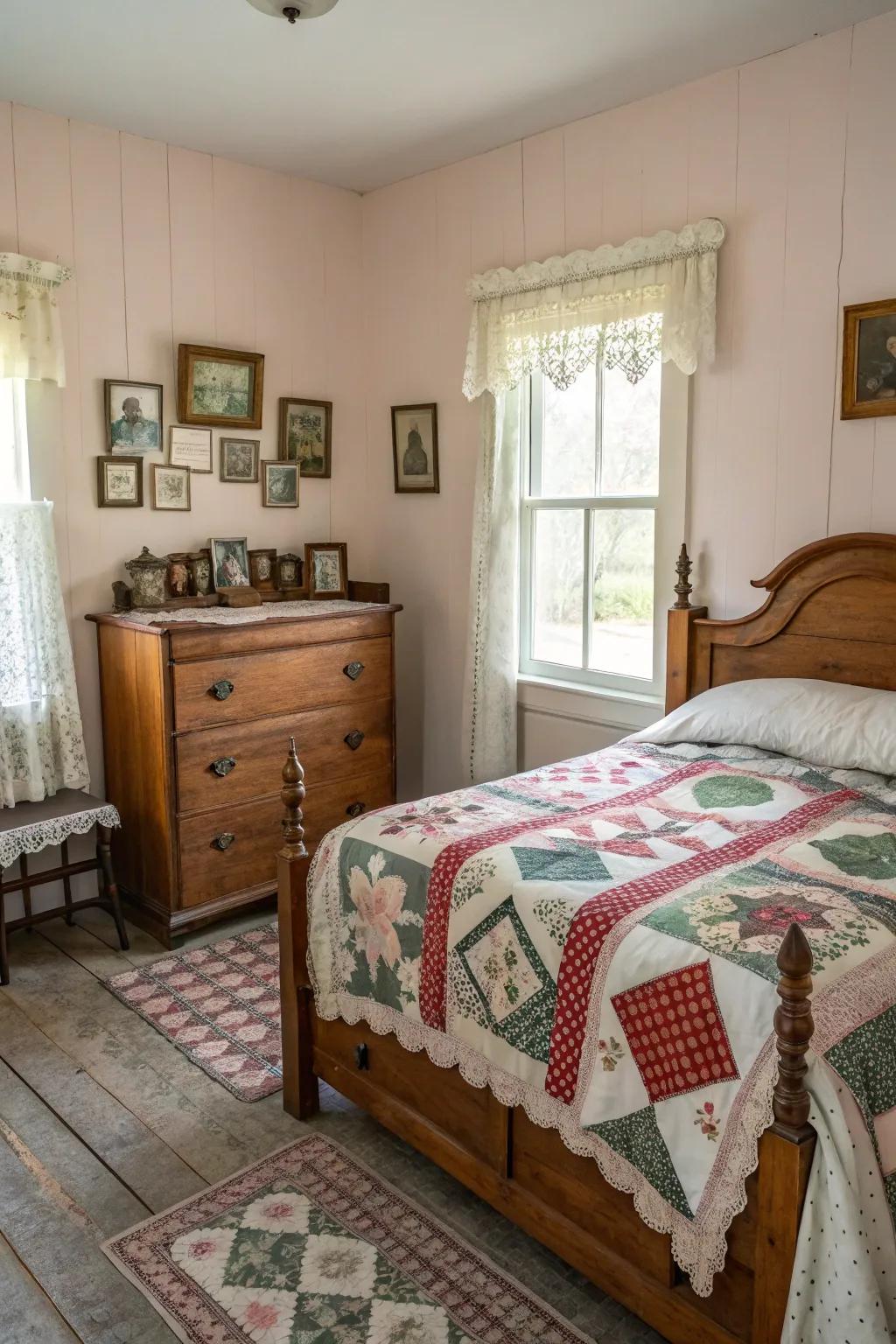 Farmhouse bedroom styled with nostalgic vintage finds