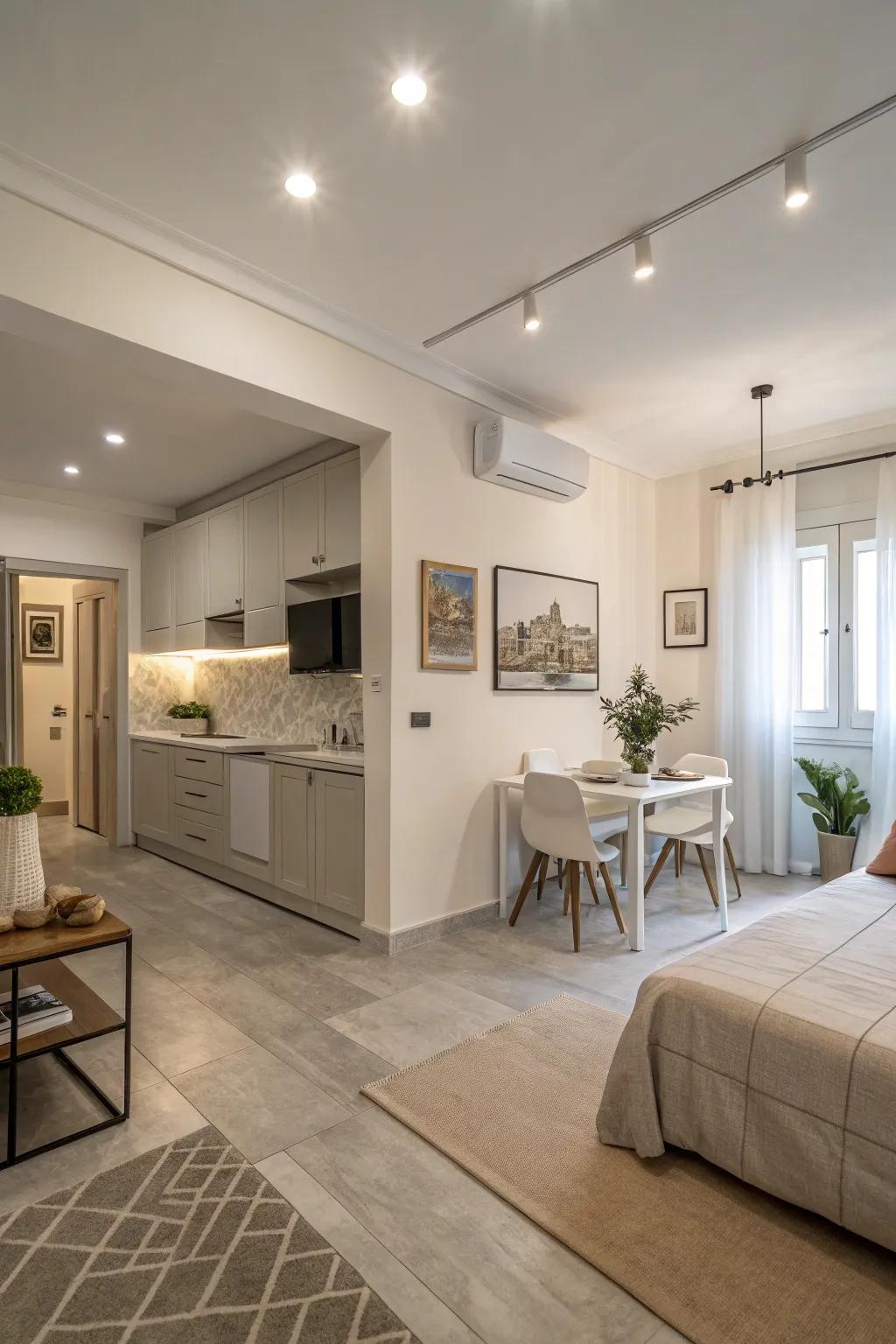 Open floor plans create spaciousness in small studio apartments.