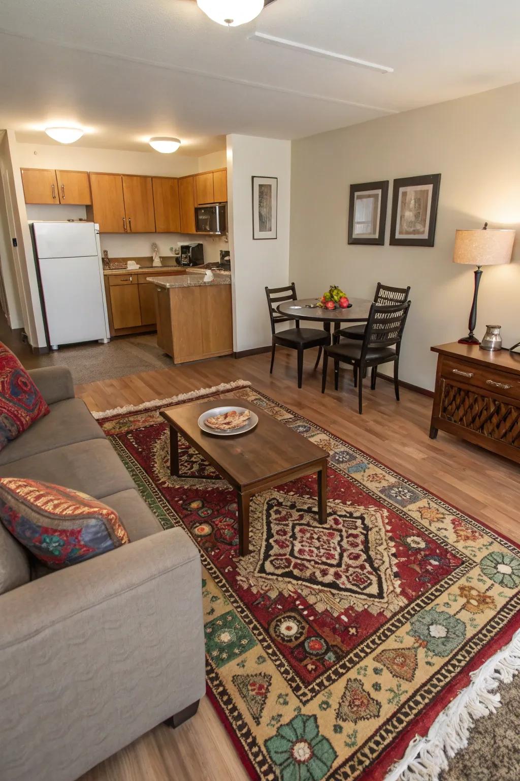 Distinct zones improve studio organization and livability.