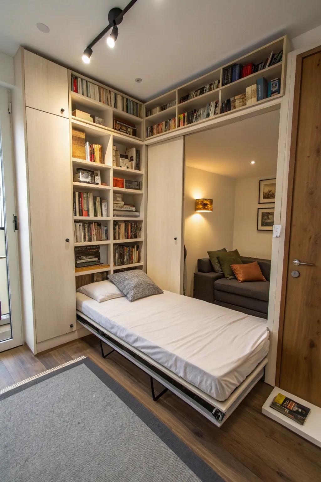 Folding beds with built-in shelving combine comfort and storage.