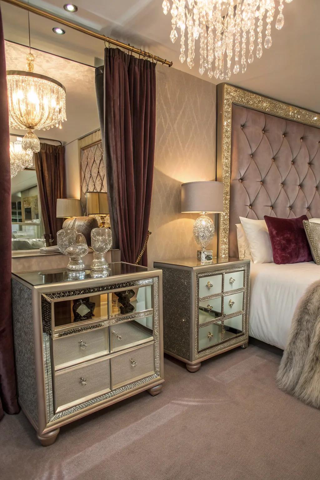 Mirrored furniture brightening a bedroom