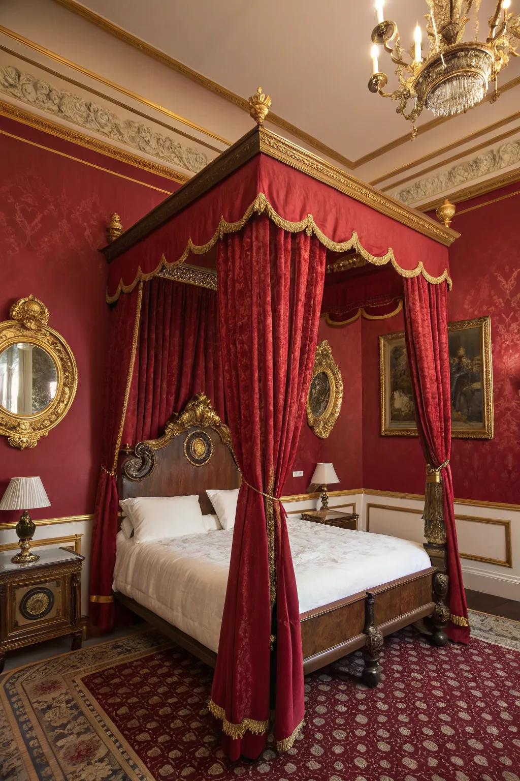 Bedroom with rich reds and gold accents