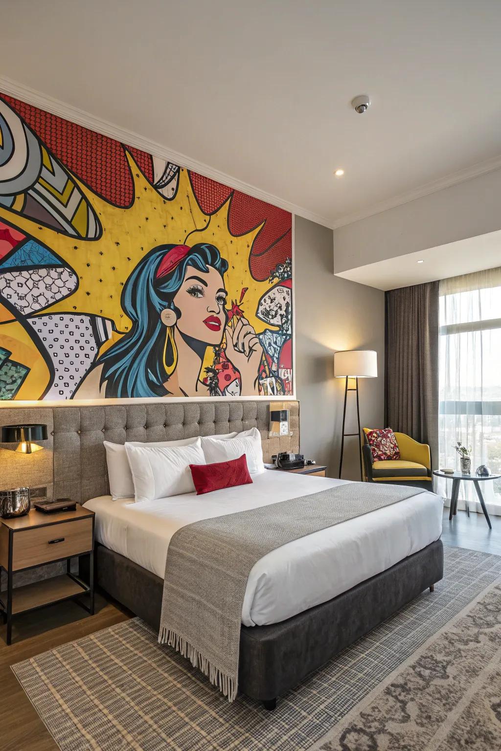 Pop art feature wall energizes the bedroom atmosphere.