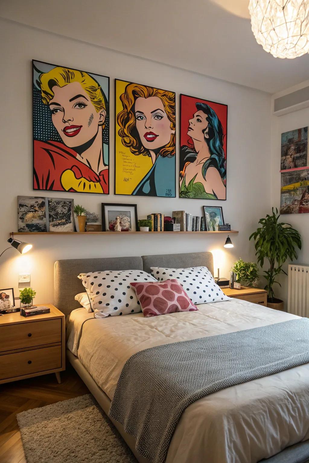 Large pop art paintings create a captivating focal point.