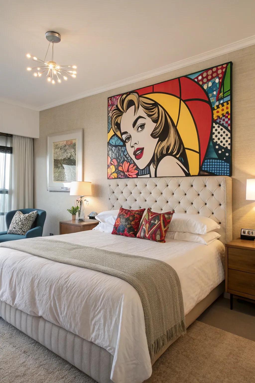 An artistic headboard makes the bed stand out.