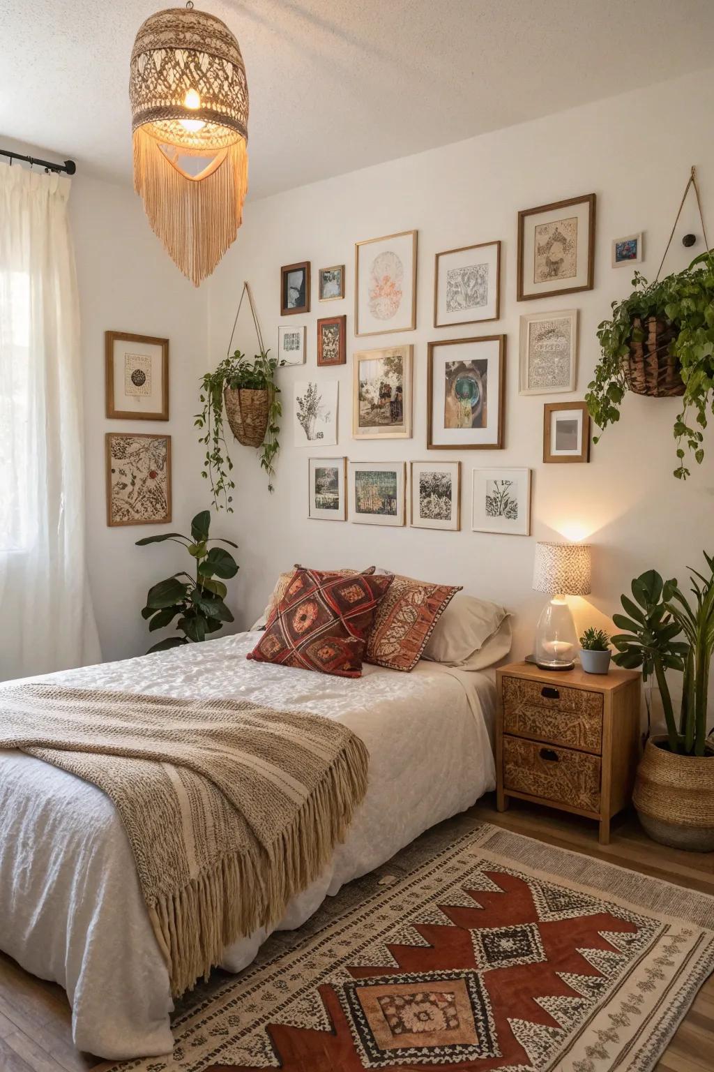 Eclectic gallery wall adding character to a boho bedroom