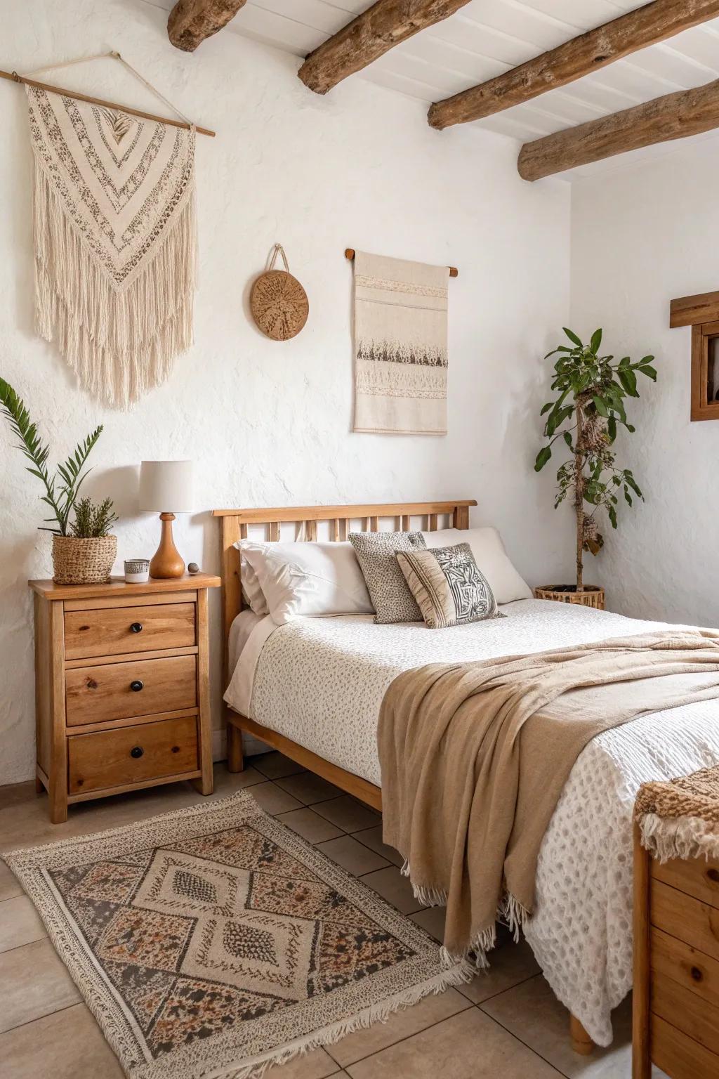 Small boho bedroom with calming neutral and earthy tones