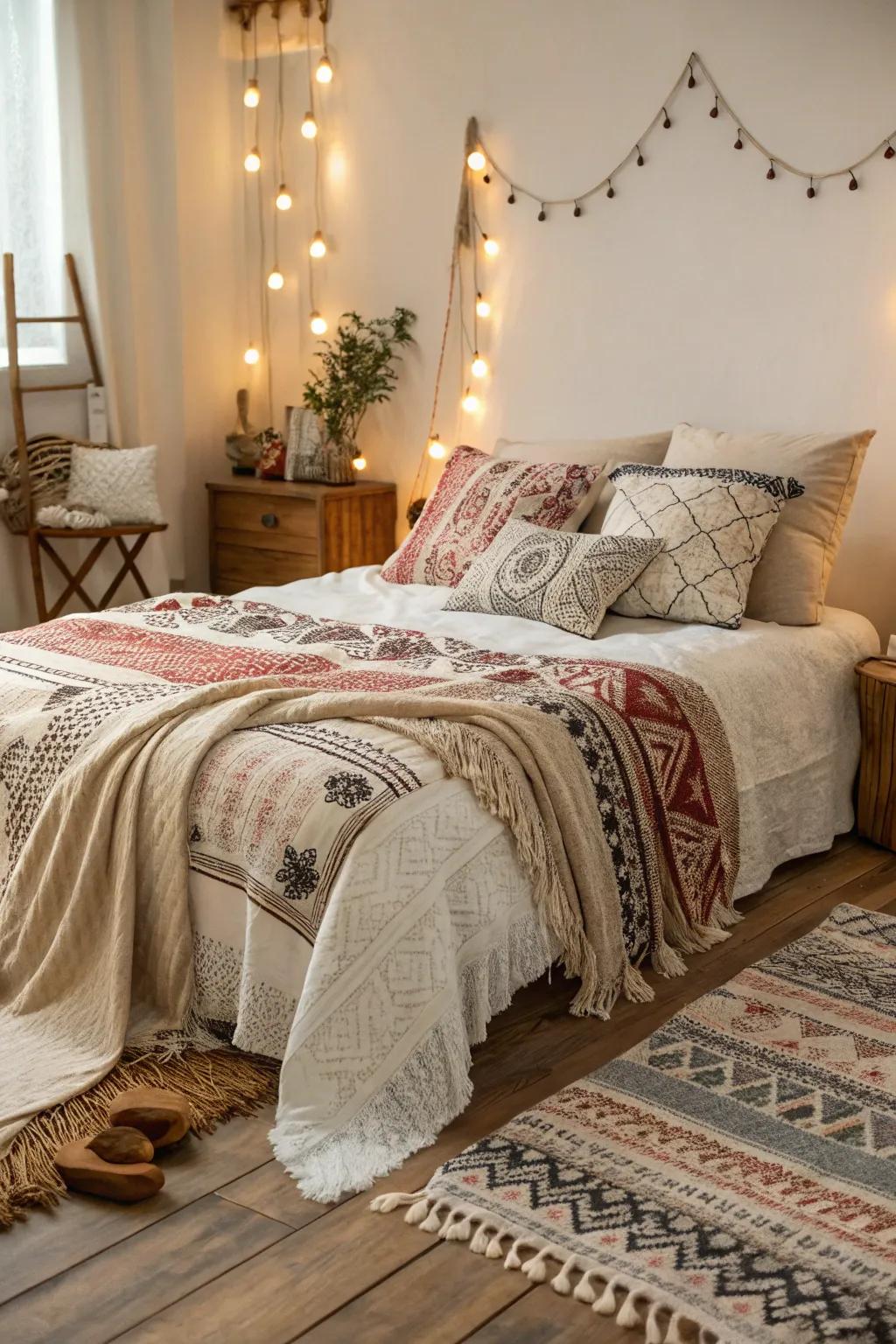 Layering various textures adds warmth to a small boho bedroom