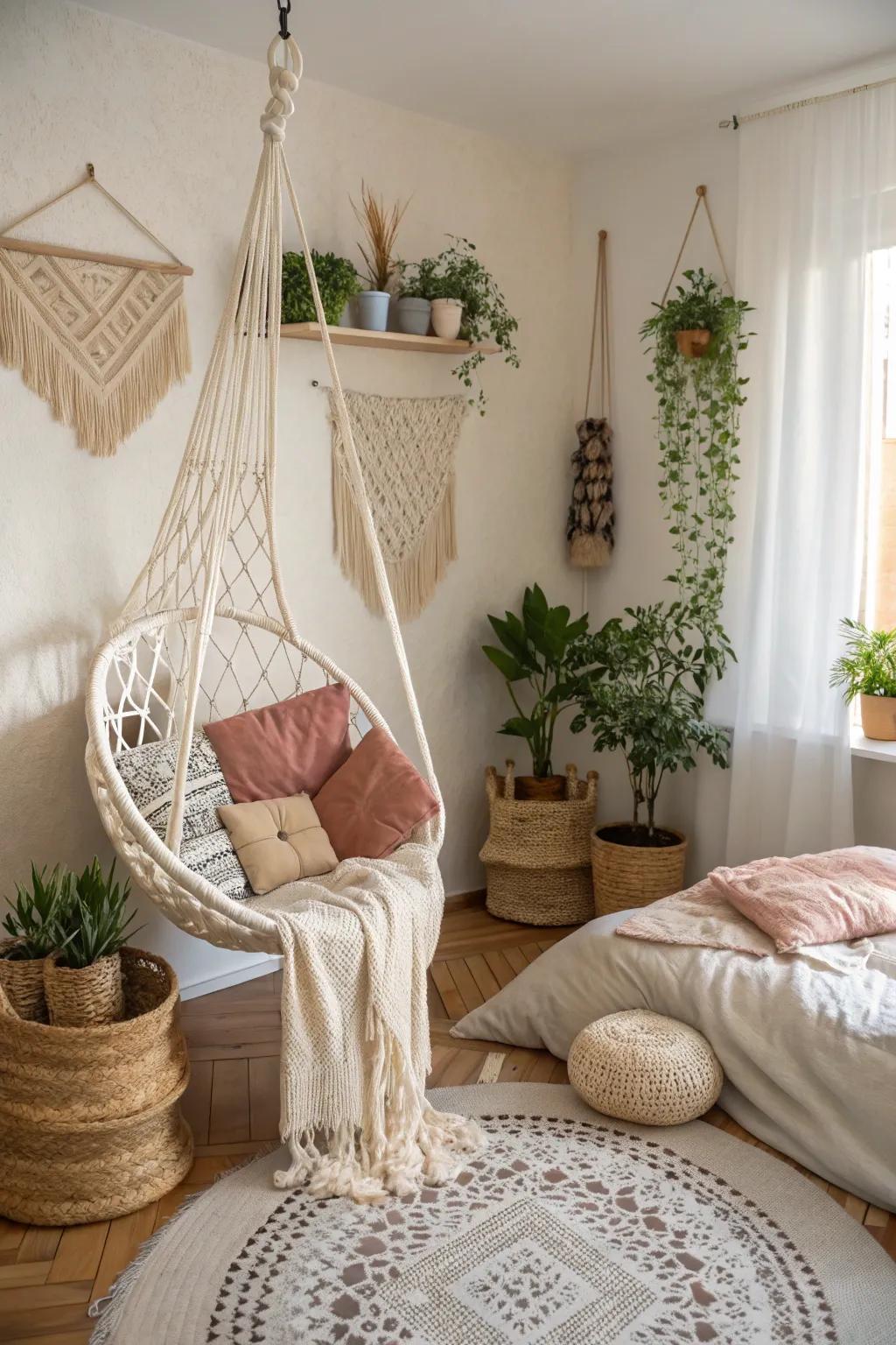 Boho bedroom with a hanging chair creating a unique cozy spot