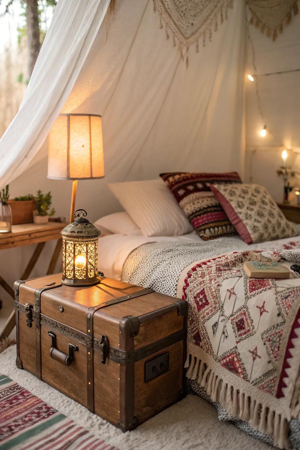 Boho bedroom decorated with vintage elements for personality and depth