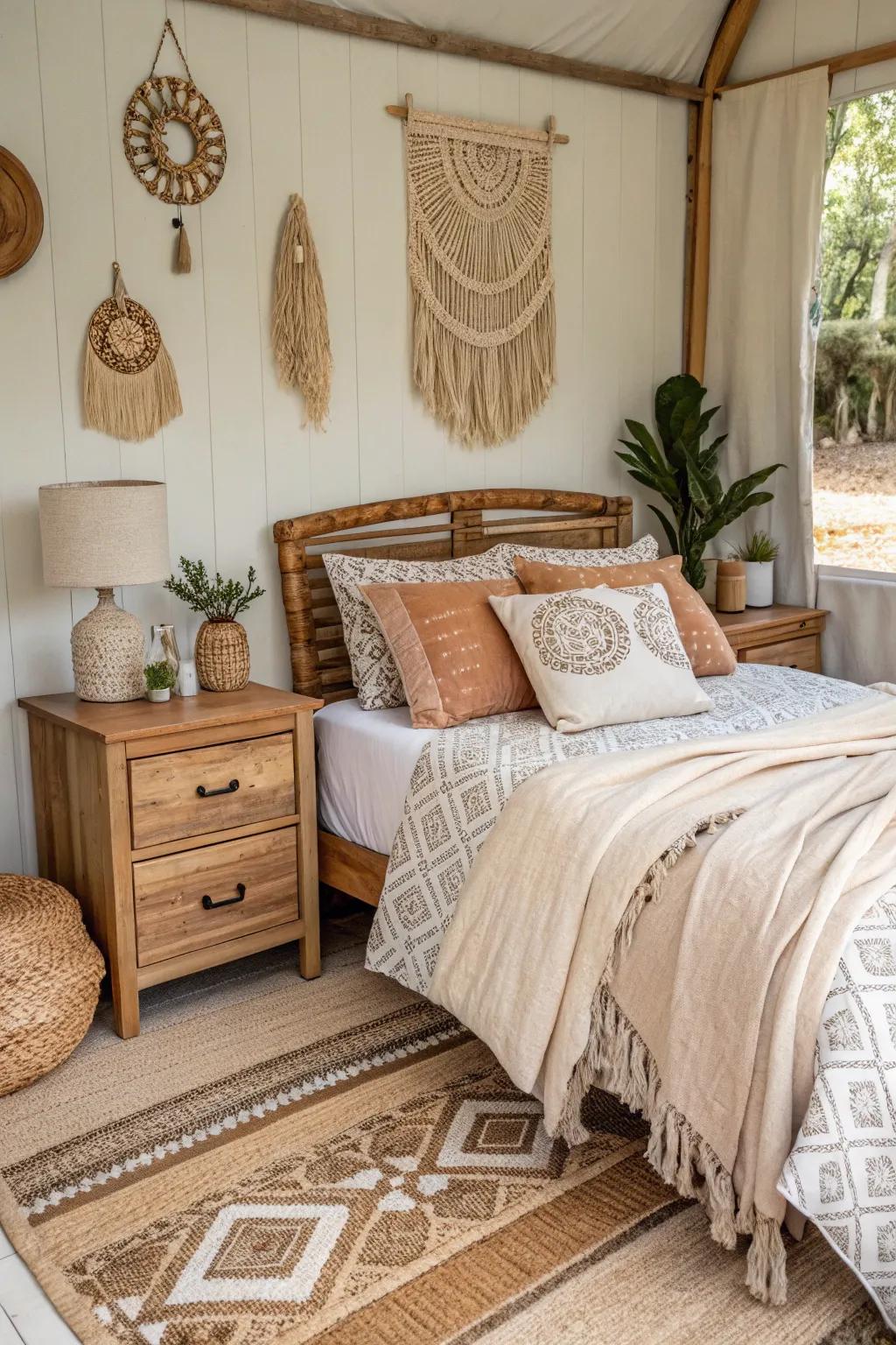 Natural wooden furniture warm up the boho bedroom