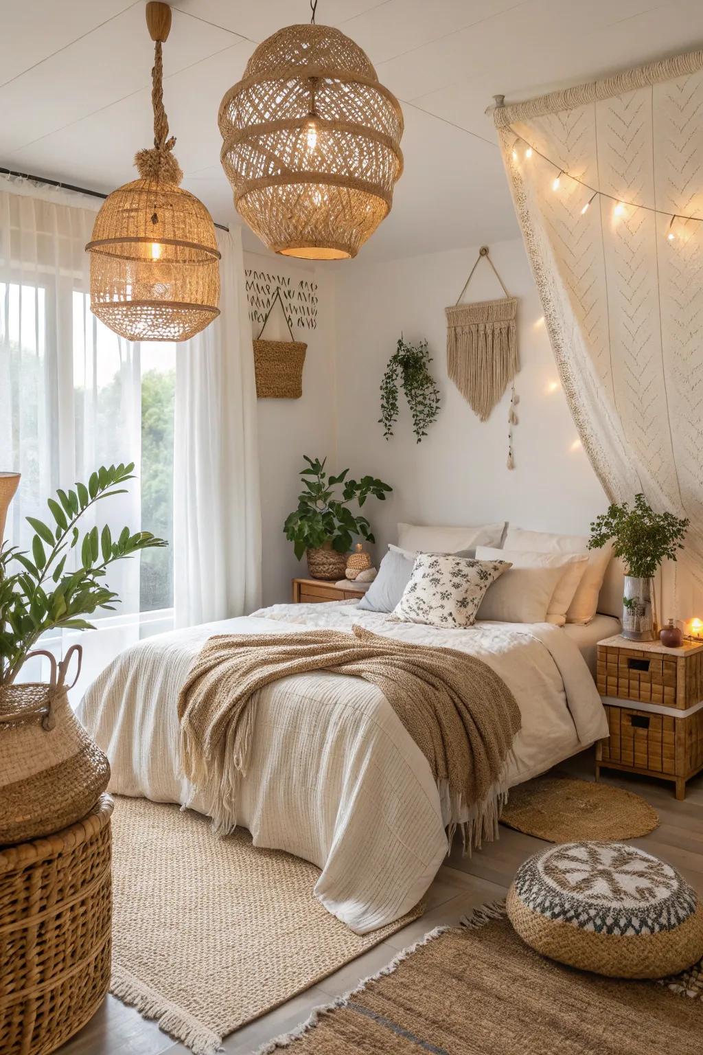Small boho bedroom with rattan and woven accessories
