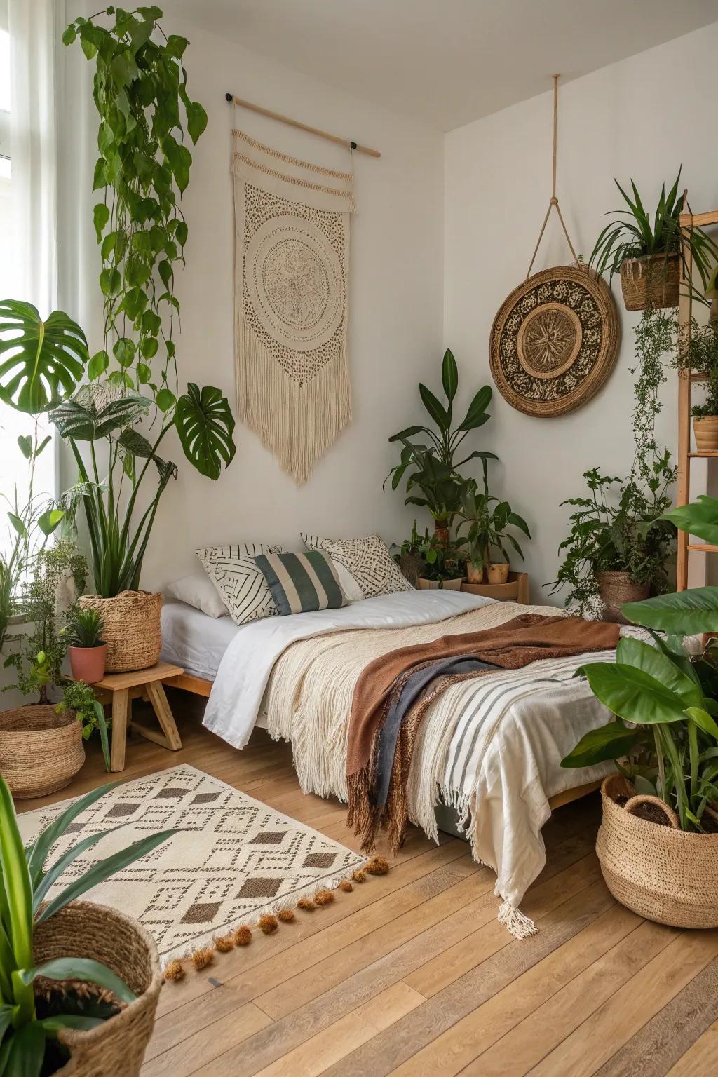 Natural greenery refreshes and enlivens this bohemian bedroom