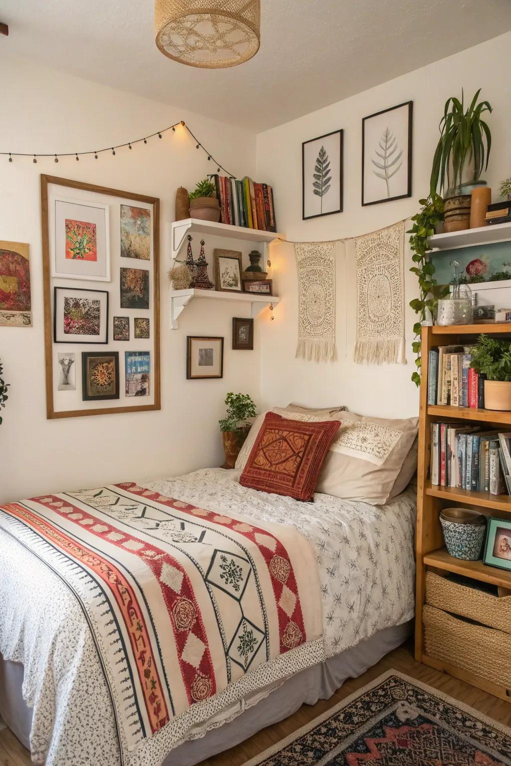 Personal art adds charm to the eclectic boho bedroom