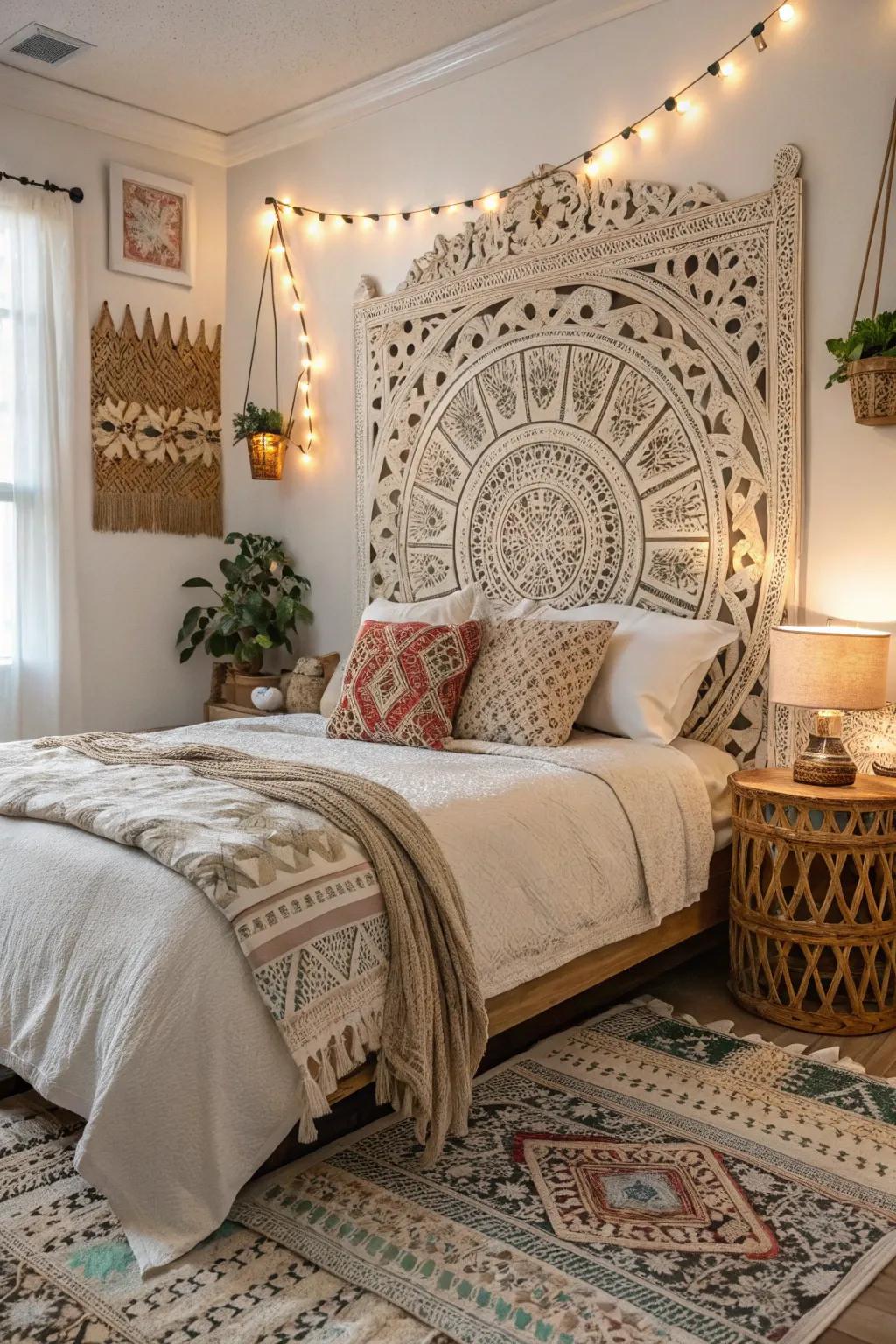 A distinctive headboard brings focus to the boho bedroom