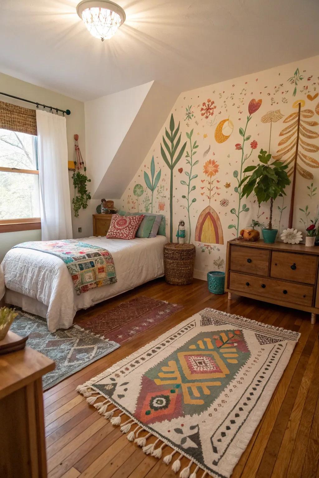 Hand-painted mural adds a unique, creative touch to a boho bedroom