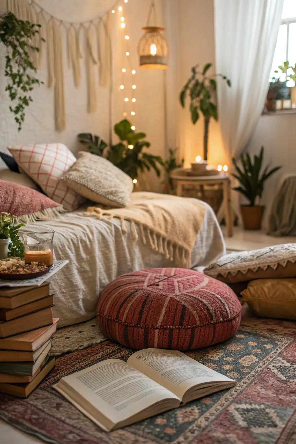 Cozy reading nook with cushions and soft lighting in boho bedroom