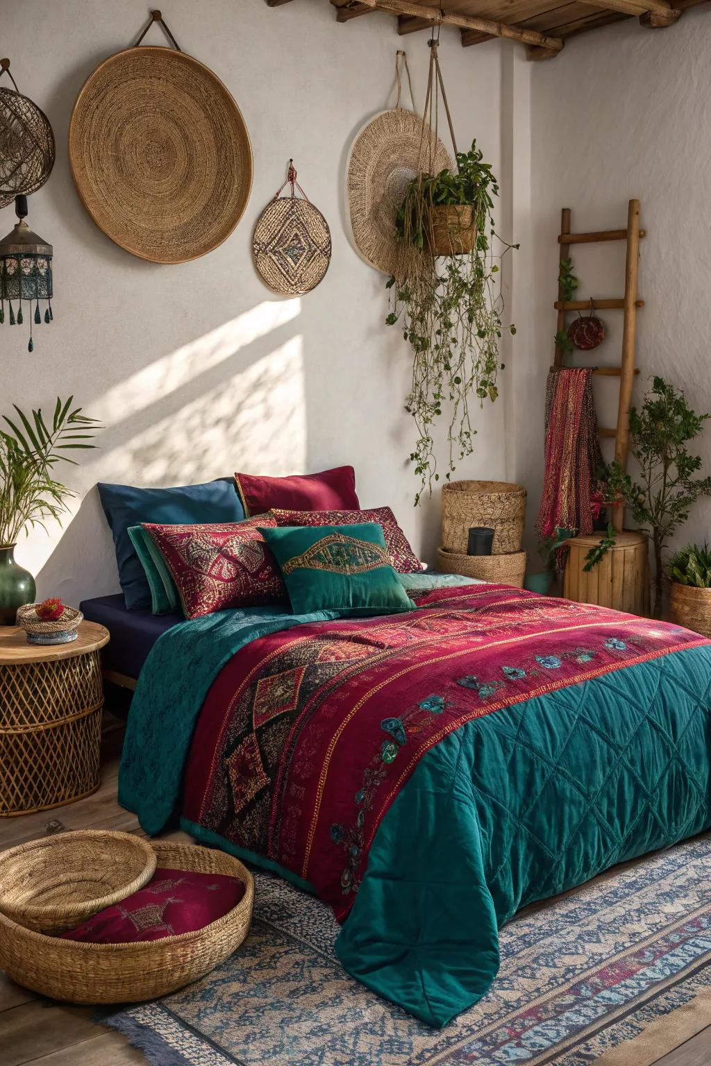 Vivid colorful bedding makes the bed a statement in this boho bedroom