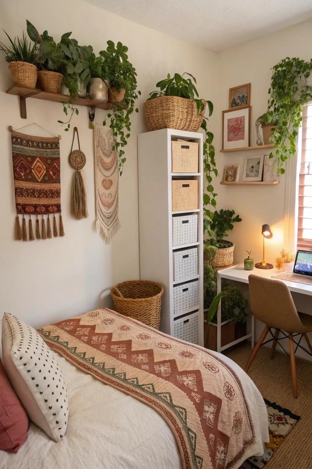 Use of vertical space in small boho bedroom with floating shelves