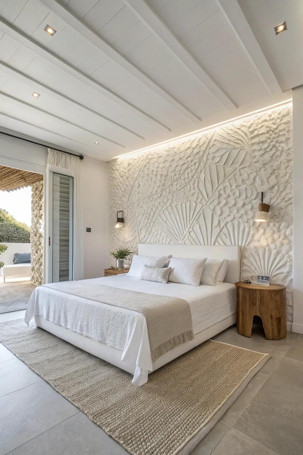A textured accent wall adds depth and character.