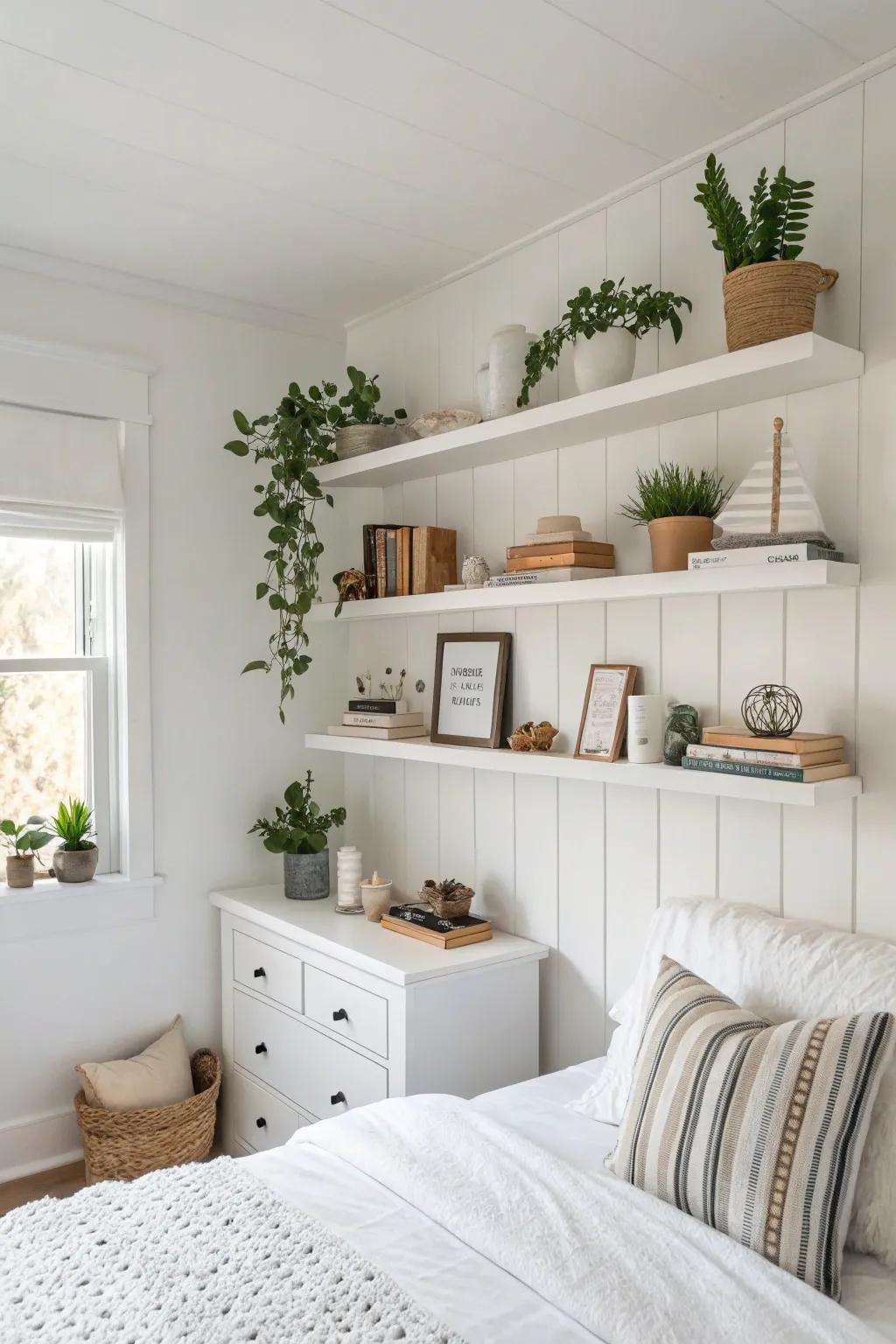 Floating shelves add sleekness and functionality.