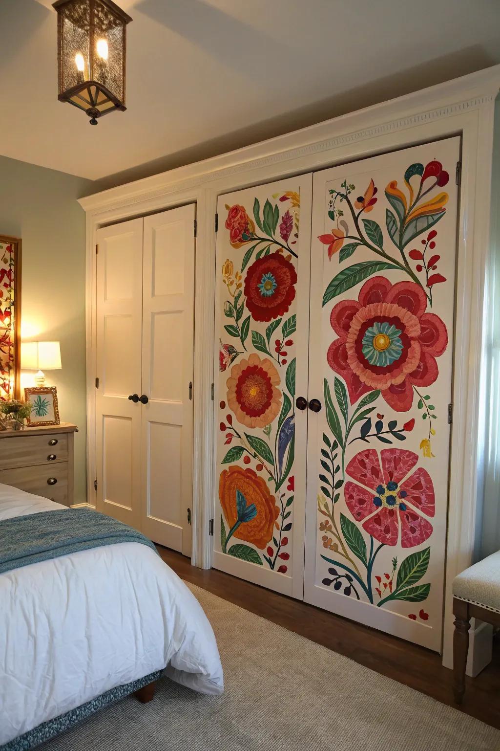 Bold colors transform doors into artistic statements.