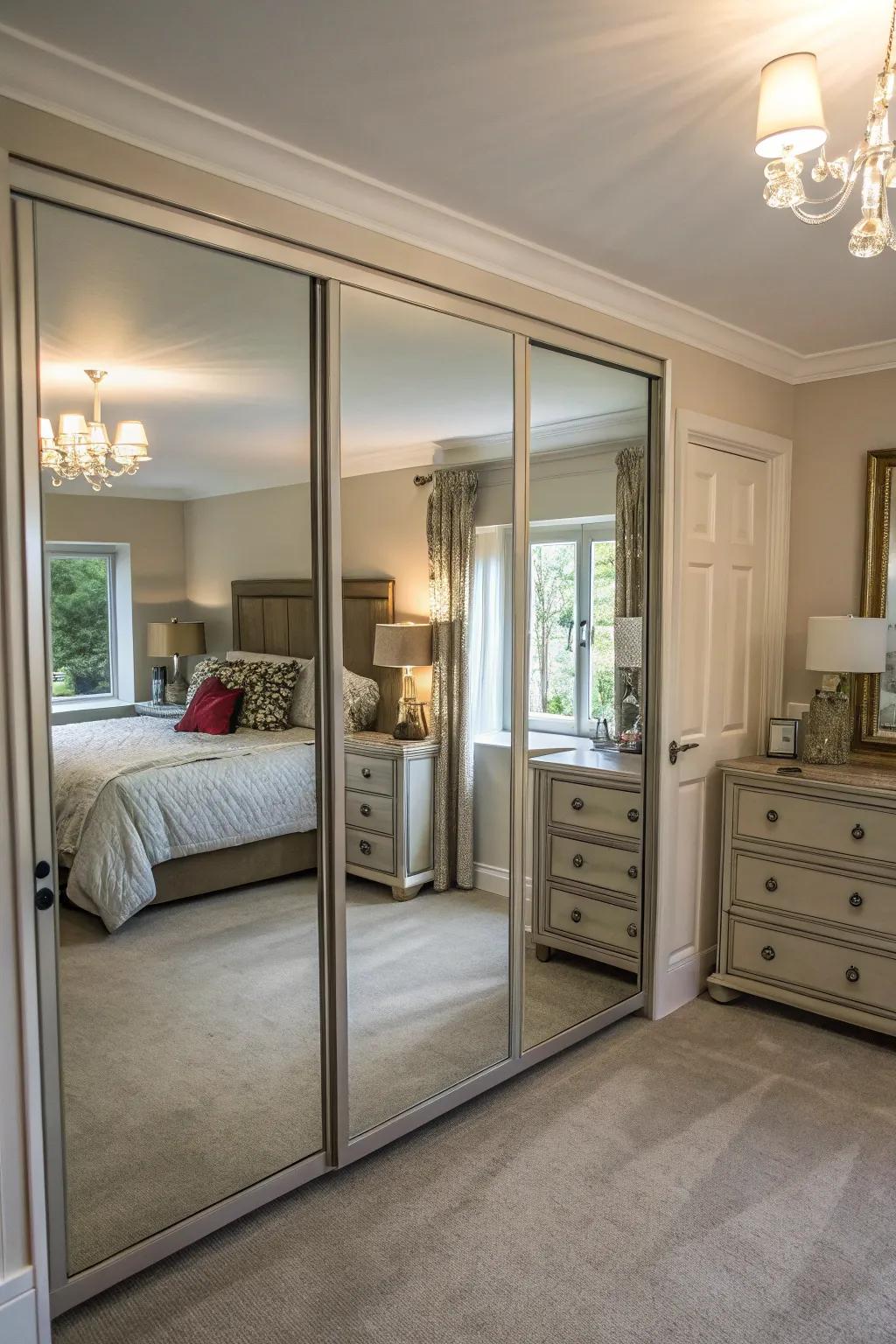 Mirrored doors reflect light and expand the visual space.