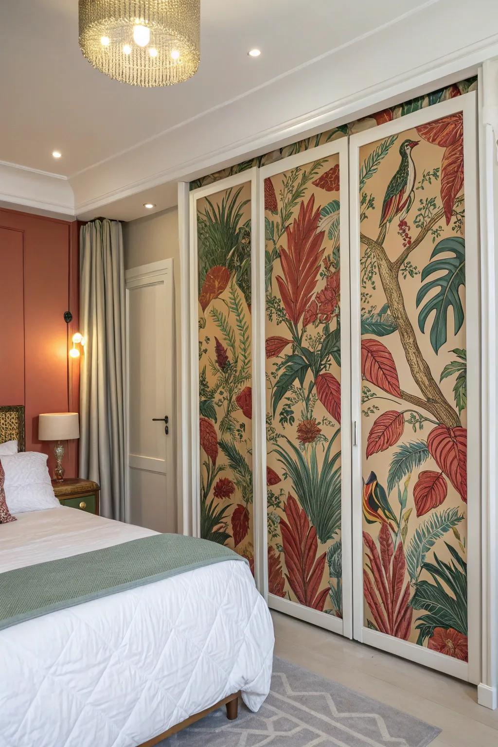 Wallpaper adds artistic flair and color to doors.