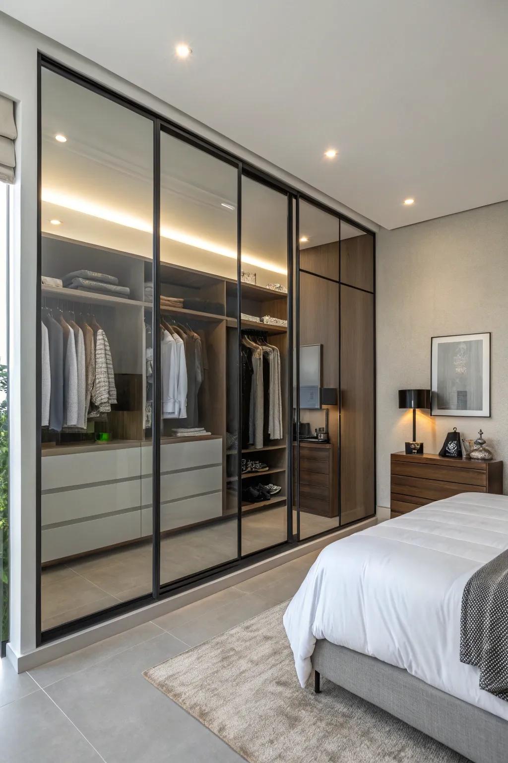 Glass panels offer a modern touch to closet doors.