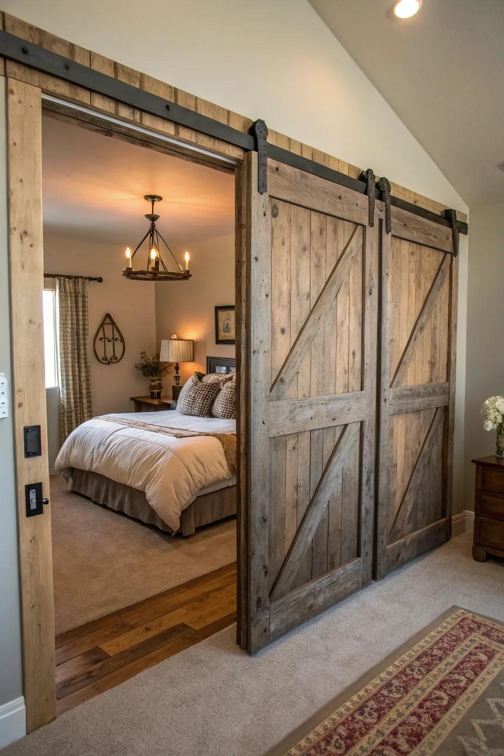 Sliding barn doors add rustic charm and functionality.