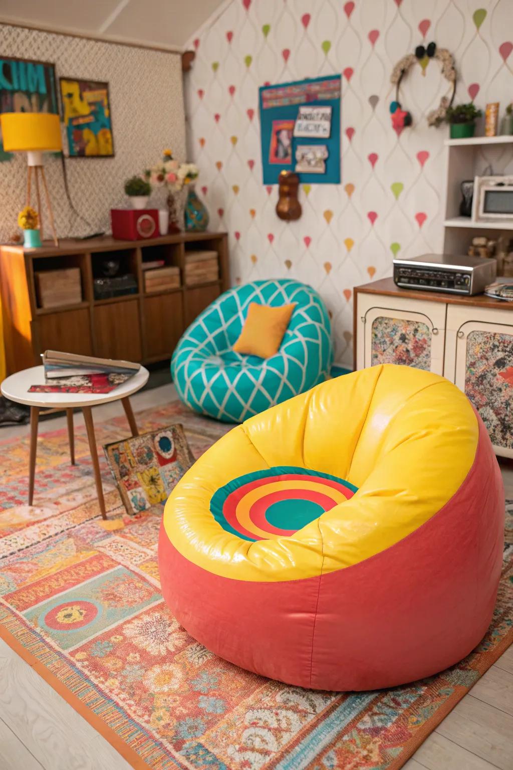 Retro furniture like inflatable chairs are a must for a Y2K-inspired room.