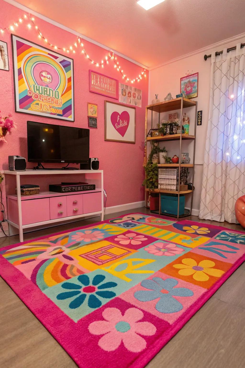 A colorful rug brings warmth and style to any Y2K room.