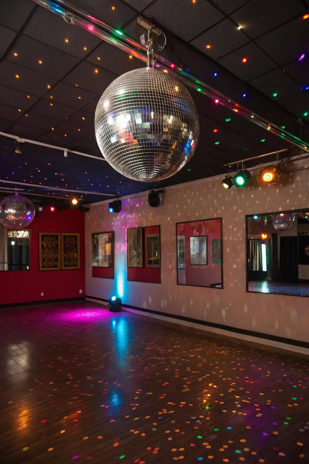 A disco ball adds a sparkling touch to your Y2K-themed room.