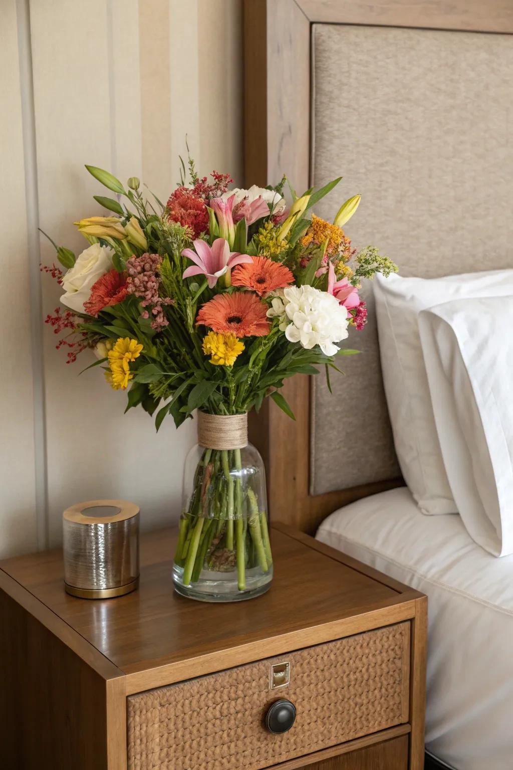 Fresh flowers in a vase brighten a neutral nightstand.