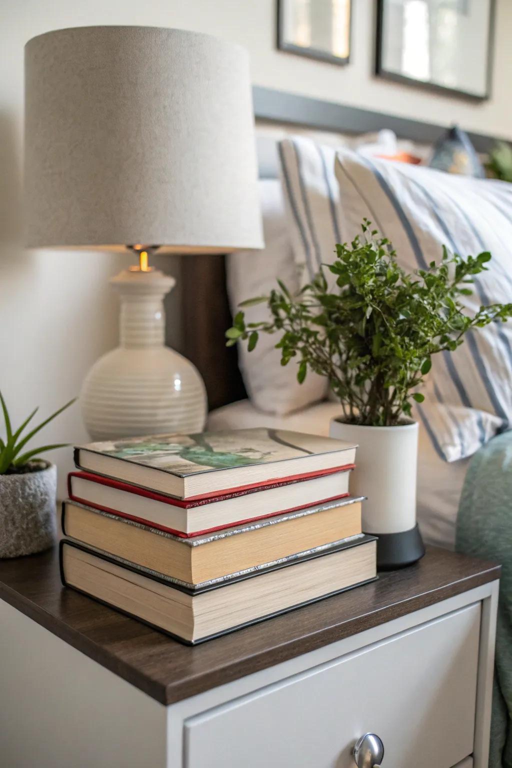 Books enhance coziness and personality at your bedside.