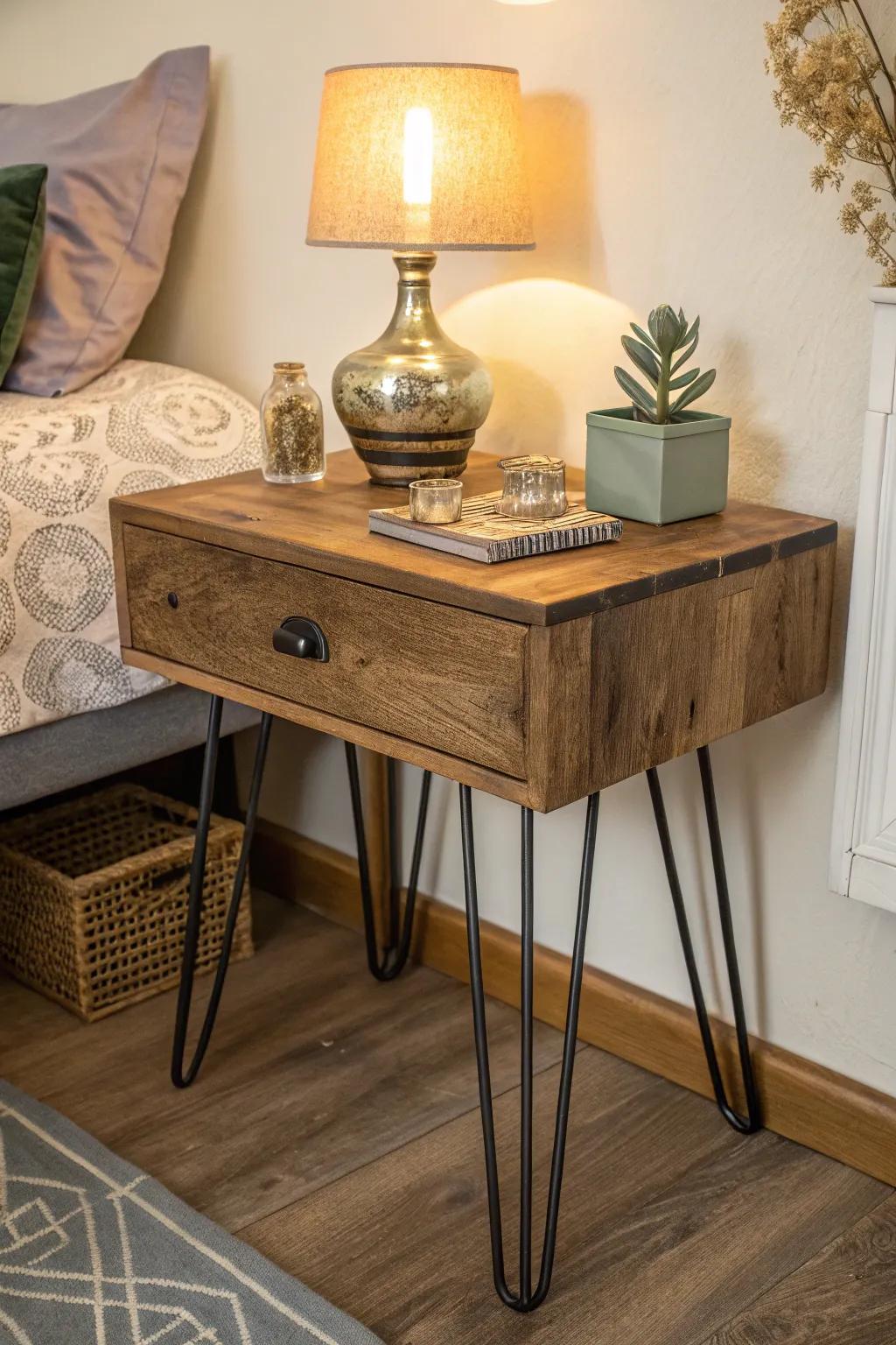 Sleek wood and metal bedside table design.