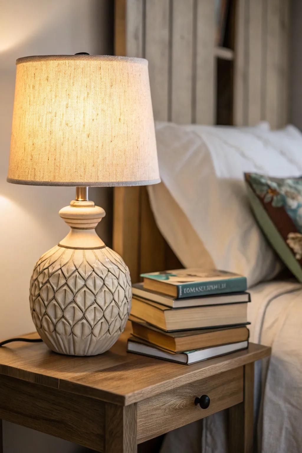 Artistic lamps brighten and style your bedside.